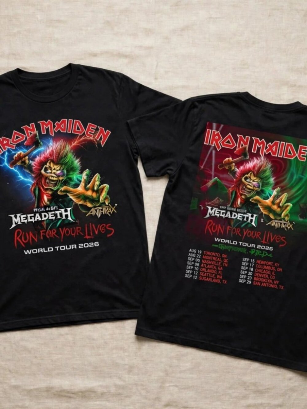Iron Maiden Run For Your Lives Tour 2026 Megadeth Anthrax Black Two-Sided Tee